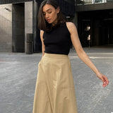 Kukombo Fashion High Waist Solid Color Skirt Women's Summer Autumn Casual Elegant Long Skirt Loose Slim Pocket Commuting Skirt