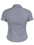 Kukombo American Retro Casual Short Sleeve Plaid Shirts For Women Button Up Turn Down Collar Summer Spring Preppy Tops