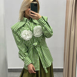 Kukombo Outfit Autumn Green Plaid Floral Appliques Blouse Women Elegant Turn-down Collar Long Sleeve Shirts  Female Casual Tops Coat