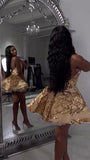 Kukombo Homecoming Dress Party Outfits Cute A line Halter Sequin Short Gold Homecoming Dress P2267