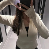 Kukombo Retro Knitted Suit Women's Solid High Neck Zipper Top Twist Shorts Suit Casual High Waist Knitted Shorts Sweater Suit