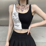 Kukombo Punk Style Patchwork Tank Tops Aesthetic Letter And Graphic Print Women Crop Top Color Blocking Sleeveless Streetwear ootd