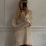 Kukombo Summer Knitted Hollow Mini Dress Women's Fashion Beach Vacation Dress See-through Loose Patchwork Knitted Mini Dress