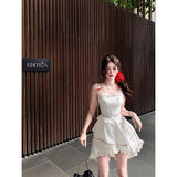 Kukombo Y2K Irregular Mini Dress Women Fairy Party Lace Bow Strap One Pieces Dresses Summer Vacation Korean Bodycon A Line Vestidos New ootd