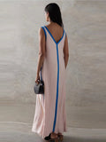 Kukombo Spring Outfits Fashion Contrast Spliced  Maxi Dress Women Elegant V Neck Sleeveless Backless Beach Long Dresses 2025 New Lady Holiday Vestidos