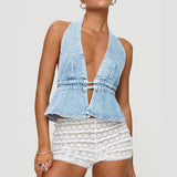 Kukombo Women Sexy Halter Jean Vest Deep V Neck Denim Tie Vest Summer Backless Ruffle Denim Tank Top Y2K Retro Streeetwear