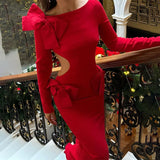 Kukombo Outfit Women's  Winter Sexy Backless Bow Outfit Christmas Long Sleeve Dress Elegant Party Dress Club Outfit Vestidos