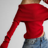 Kukombo Knitted Off-Shoulder Sweater Women's Autumn Solid Long Sleeve Bottoming Top Autumn Slim Street Knitted Pullover Sweater