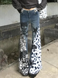 Kukombo American Vintage Washed Skull Leopard Print Micro-flare Jeans Fashion High Street Hot Girl Micro-flared Pants Y2k Trousers ootd outfit idea