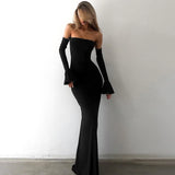 Kukombo Women's Sexy Backless Long Dress Solid High Waist Slim Strapless Ruffle Sleeve Dress Elegant Luxurious Evening Dress