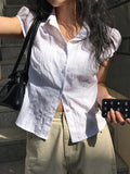 Kukombo White Solid Single Breasted Turn Down Collar Casual Shirts Women Simple Puff Sleeve Japanese Y2K Preppy Summer Tops