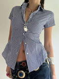 Kukombo American Retro Casual Short Sleeve Plaid Shirts For Women Button Up Turn Down Collar Summer Spring Preppy Tops