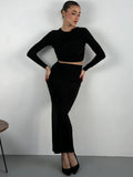 Kukombo O Neck Long Sleeve Bandage Crop Top Long Skirt Women'S Sets Elegant Evening Party Korean Ladies Sets Winter Casual ClotheChristmas Gifts