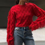 Kukombo Knitted O-Neck Sweater Women's Autumn Winter Fashion Tassel Long Sleeve Short Solid Slim Top Casual Streetwear Pullover