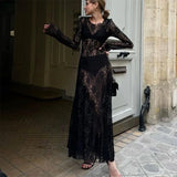 Kukombo Sexy See-through Lace Floral Maxi Dress Women's Black Long Sleeve O Neck Loose Resort Dress High Waist Party Dress Robe