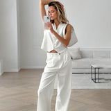 Kukombo White High Waisted Vest Pants Suit 2 Piece Women's Casual Vest Pants Suit Sleeveless Top Loose Slim Women's Pants Suit