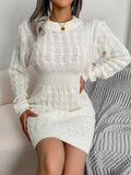 Kukombo Homecoming Dress Party Outfits Body-Con Cable Knit Crewneck Sweater Dress