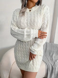 Kukombo Homecoming Dress Party Outfits Body-Con Cable Knit Crewneck Sweater Dress