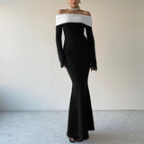 Kukombo Elegant Backless Patchwork Long Dress Women's Fashion Long Sleeve High Waist Party Dress Strapless Slim Sexy Long Dress