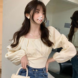 Kukombo Elegant Blouses Women Sweet Puff Sleeve Bow Bandage Shirts Korean Streetwear Vintage Square Neck Lace Up Slim Casual Crop Tops ootd