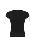 Kukombo Sweet Y2K Contrast Lace Patchwork Square Collar Black T-Shirt Women Short Sleeve Basic Balletcore Cute Summer Tops