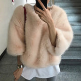 Kukombo Spring Outfits Faux Mink Fur Coats Korean Fashion Pure Fluffy Rabbit Fur Short Outwear Elegant Flared Sleeves Pullover Winter Plush Top