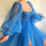 Kukombo valentines day outfits Simple Blue Prom Dresses Long Puff Sleeves Exposed Boning Illusion Evening Dresses High Slit Tulle A-Line Formal Gowns