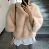 Kukombo Spring Outfits Faux Mink Fur Coats Korean Fashion Pure Fluffy Rabbit Fur Short Outwear Elegant Flared Sleeves Pullover Winter Plush Top