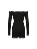 Kukombo Solid Slim Lace Trim Off Shoulder Long Sleeve Black Short Dress Women Elegant Sexy Party Dresses