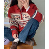 Kukombo Vintage Print Sweater Women Christmas Red Knitted Pullovers Korean Half Zipper Long Sleeve Knitwear Fall Winter Casual Jumpers ootd