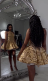 Kukombo Homecoming Dress Party Outfits Cute A line Halter Sequin Short Gold Homecoming Dress P2267