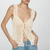 Kukombo Women Y2k Crochet Knit Vest Top Button Down Tie Front Tops Crochet Sweater Vest V Neck Sleeveless Crop Top Streetwear