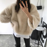 Kukombo Spring Outfits Faux Mink Fur Coats Korean Fashion Pure Fluffy Rabbit Fur Short Outwear Elegant Flared Sleeves Pullover Winter Plush Top