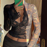 Kukombo Lace Deep V Neck Top Women Sexy Outfit See-through Flared Long Sleeve T-Shirt Solid Slim Lace Top Party Outfit Club Wear