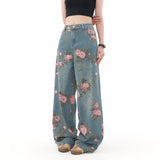 Kukombo American Retro Floral Print Jeans Fashionable Street Loose Wide-leg Jeans Baggy Jeans Trendy High Street Loose Trousers ootd outfit idea