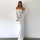 Kukombo Women's Sexy Backless Long Dress Solid High Waist Slim Strapless Ruffle Sleeve Dress Elegant Luxurious Evening Dress