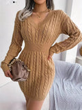 Kukombo Homecoming Dress Party Outfits Cable Knit V Neck Sweater Dress