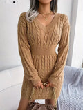 Kukombo Homecoming Dress Party Outfits Cable Knit V Neck Sweater Dress