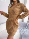 Kukombo Homecoming Dress Party Outfits Cable Knit V Neck Sweater Dress