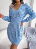 Kukombo Homecoming Dress Party Outfits Cable Knit V Neck Sweater Dress