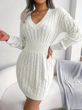 Kukombo Homecoming Dress Party Outfits Cable Knit V Neck Sweater Dress