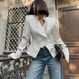 Kukombo Women's White Shirt Summer Ruffled Long Sleeve Cardigan Elegant Single Breasted Lapel Slim Top Casual Patchwork Blouses