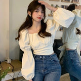 Kukombo Elegant Blouses Women Sweet Puff Sleeve Bow Bandage Shirts Korean Streetwear Vintage Square Neck Lace Up Slim Casual Crop Tops ootd