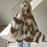 Kukombo Women's Sweater Cardigan Autumn V-neck Scarf Knitted Sweater Loose Warm Casual Single-Breasted Striped Cardigan Sweater