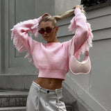 Kukombo Women's Autumn Winter Sweater Solid Elegant Tassel Patchwork Pullover Fashion O-neck Short Street Warm Pink Sweater Top