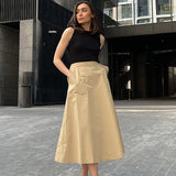 Kukombo Fashion High Waist Solid Color Skirt Women's Summer Autumn Casual Elegant Long Skirt Loose Slim Pocket Commuting Skirt