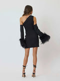 Kukombo valentines day outfits  Sexy 2024 Spring Outfits One Shoulder Diagonal Collar Backless Long Sleeve Feather Short Dress Black White Evening Party Dresses