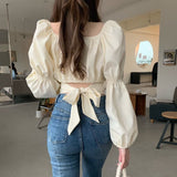 Kukombo Elegant Blouses Women Sweet Puff Sleeve Bow Bandage Shirts Korean Streetwear Vintage Square Neck Lace Up Slim Casual Crop Tops ootd