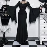 Kukombo Outfit Women's Gothic Addams Family Bat Sleeve Mermaid Dress