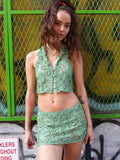 Kukombo Outfit Green Embroidery Backless Mini Top Skirt Suit Fashion Single-breasted Shirt Two-piece Set 2025 Spring Summer New Vacation Outfit